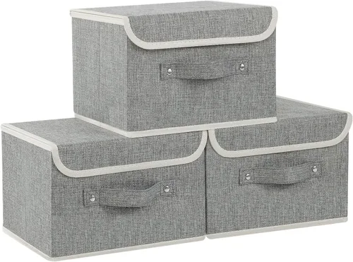 Miniatura 32 de Cajas de almacenamiento, contenedores de almacenamiento plegables con tapas, cestas de almacenamiento de tela de algodón y lino con asa