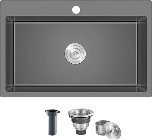 Miniatura 10 de Fregadero de barra empotrable de 13 × 15 pulgadas negro - Fregadero de cocina pequeño de montaje superior de un solo cuenco, hecho a mano de acero