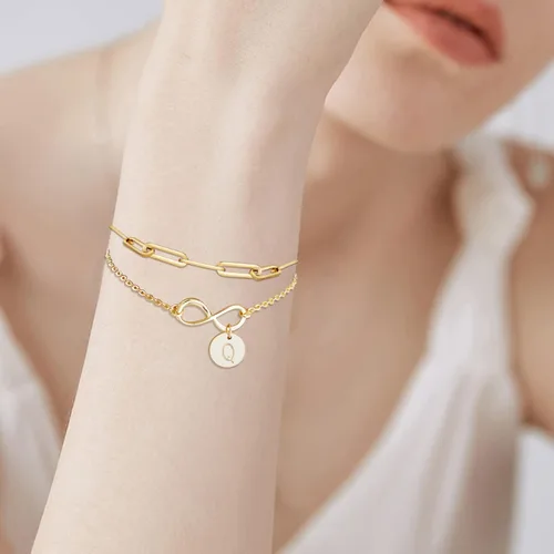 Miniatura 4 de Pulseras de oro con inicial para mujer, delicadas pulseras de oro de 14 quilates, con cadena de clip y letra inicial, 26 cuentas de disco