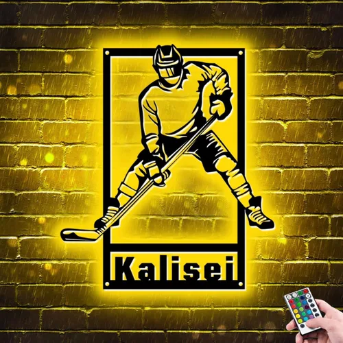 Miniatura 12 de Letrero de metal personalizado para jugador de hockey con luz LED, nombre personalizado y número, arte de pared de hockey, letrero de neón
