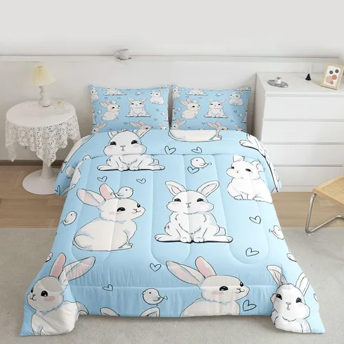 Miniatura 14 de Feelyou Juego de ropa de cama de conejo para niños, tamaño individual, juego de edredón de conejo para niñas y mujeres, edredón de plumón verde