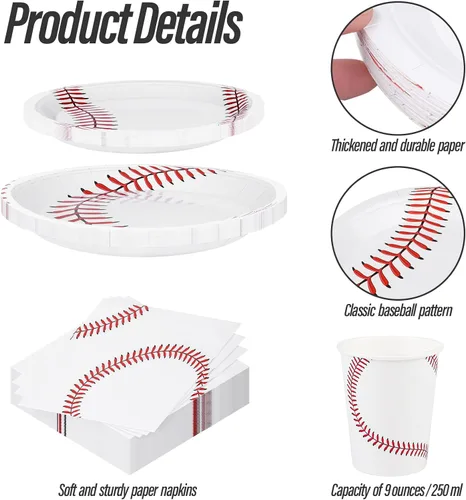 Miniatura 3 de ADXCO Juego de vajilla de 120 piezas para fiesta de béisbol, platos de papel desechables, servilletas, tazas de 7 pulgadas y 9 pulgadas