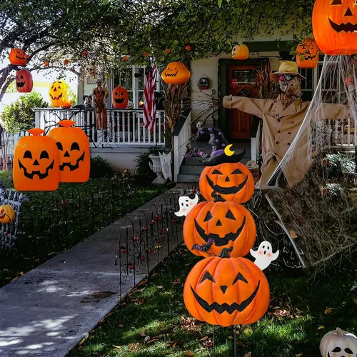 Miniatura 6 de Estacas de jardín de Halloween de 39.8 pulgadas, calabazas de metal apiladas, decoración de césped con sombrero de bruja, letreros de metal