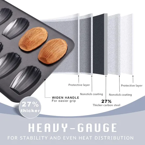Miniatura 5 de HONGBAKE Molde de Madeleine antiadherente, paquete de 2 bandejas de galletas de madeleine resistentes de 12 cavidades para hornear en el horno