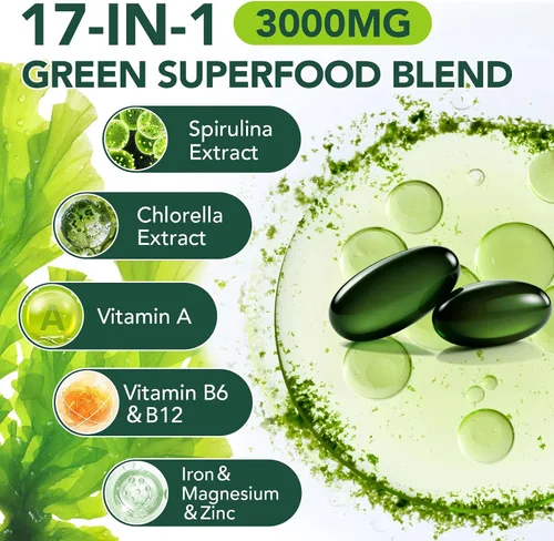 Miniatura 6 de Cápsulas de Clorella de Espirulina Orgánica,Suplemento sin OMG y sin gluten,300 cápsulas blandas