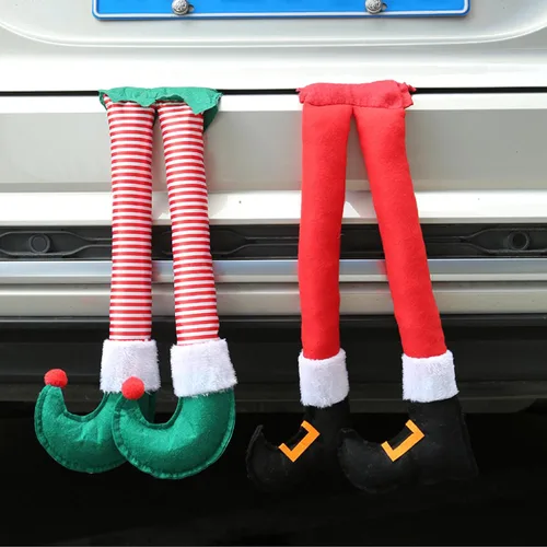 Miniatura 7 de Gunhunt Pack-1 piernas de elfo de Santa, colgante para maletero del auto, decoraciones navideñas de felpa, se sujeta con clip en el maletero o árbol