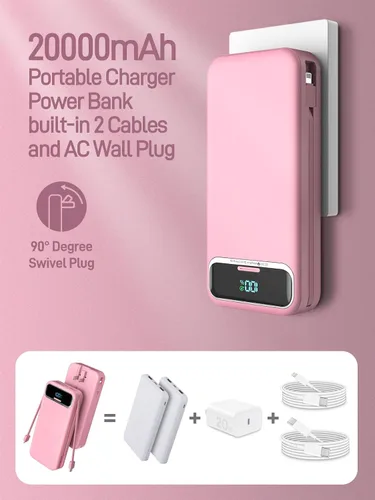 Miniatura 2 de Cargador portátil, 20000 mAh 22.5 W, cargador de batería de carga rápida con cables integrados y enchufe de pared, batería externa esencial de viaje