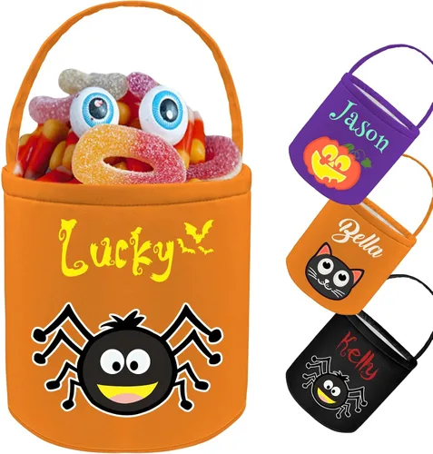 Miniatura 12 de Cubo de Halloween personalizado con nombre personalizado para trucos o tratos, bolsa de dulces personalizada para niños, bolsas de mano grandes