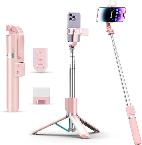 Palo selfie con control remoto recargable y luz (1 unidad), trípode para iPhone, soporte de teléfono celular para grabación de video, soporte de
