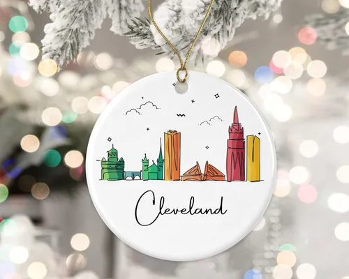 Adorno de Cleveland, adorno de Navidad de monumentos de Navidad, colorido gráfico de horizonte de ciudad, nuevos regalos para Navidad impresos en