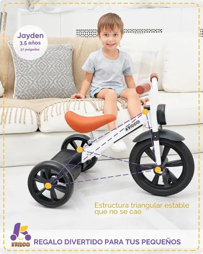 Miniatura 4 de KRIDDO Triciclo para niños, rueda de 12 pulgadas sin riesgo de pinchazos con luz frontal, altura de asiento ajustable, regalo para niños de 2 a 5