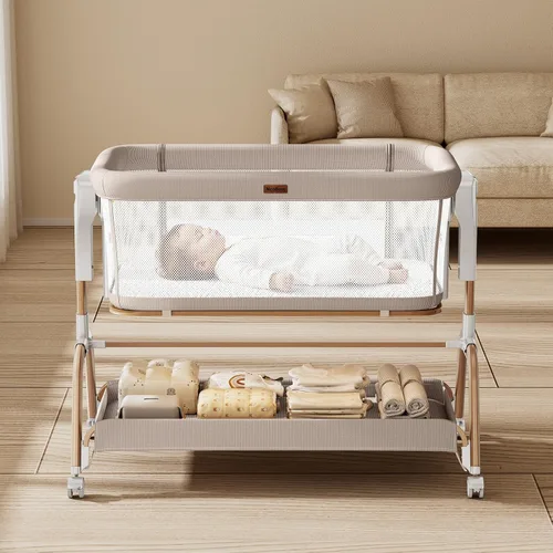 Miniatura 8 de NeoBorn Cuna de 3 en 1 para bebé, cuna junto a la cama para bebé, cuna mecedora con malla transpirable completa, colchón y sábana suave, altura