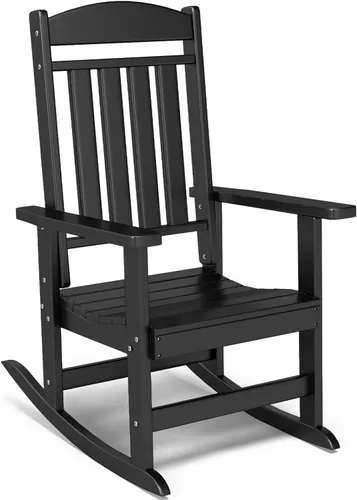 Miniatura 28 de FOOWIN Juego de sillas mecedoras de patio de 2 piezas, mecedora de porche con respaldo alto de HDPE, mecedora de porche de madera de polietileno