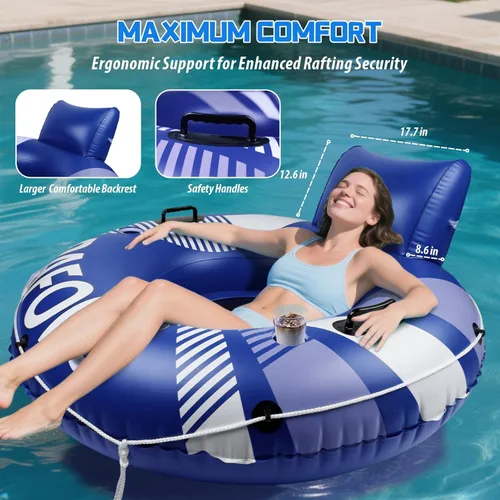 Miniatura 2 de Pool Float Adult, Inflatable River Tube Float, River Tubes for Floating Heavy Duty with Mesh Bottom, Comfortable Backrest & 2 Cup Holders & Durable