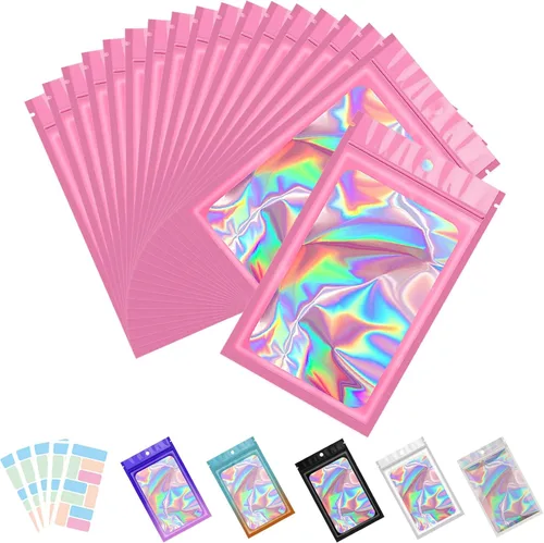 Miniatura 15 de Paquete de 100 bolsas de Mylar con ventana transparente, holográficas, a prueba de olores, para pequeñas empresas, bolsas resellables