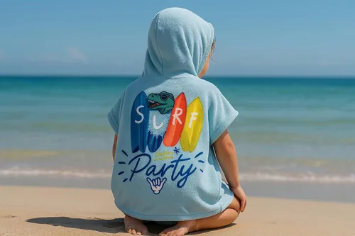 Miniatura 2 de Toalla de poncho de playa con capucha para niños, 100% algodón turco en el interior y microfibra de secado rápido en el exterior - Suave y Dinosaurio
