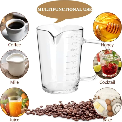 Miniatura 7 de Taza medidora de vidrio de 4 1/2 onzas con doble boquilla para café expreso, vaso graduado con mango aislado, jarra triple de escala transparente