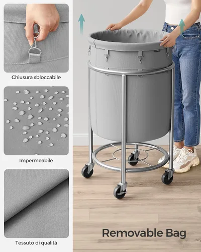 Miniatura 5 de Songmics – Cesta de lavandería de 29 galones (110 L) con ruedas, carrito rodante resistente redondo con marco de acero y bolsa extraíble, 2 ruedas
