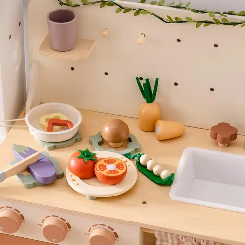 Miniatura 5 de ROBOTIME Juego de Comida de Juguete de Madera para Cortar Verduras, Juguete de Comida de Simulación para Cocina de Juguete con Bolsa de Compras