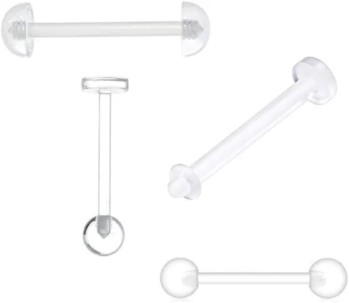 BodyJewelryOnline 4 piezas de 14G acrílico transparente Bioflex retenedores de lengua barras rectas media bola retenedor pezón anillos tragus