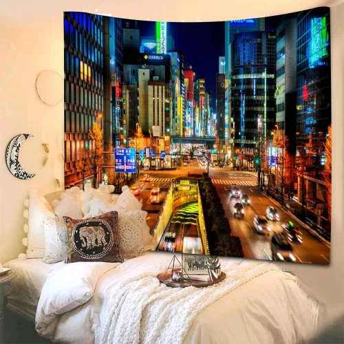 Miniatura 7 de Aidatain Tapiz de ciudad japonesa, paisaje urbano de Japón, tapiz de pared, tapiz de escena nocturna de Tokio, tamaño 84 x 90 pulgadas, tapices