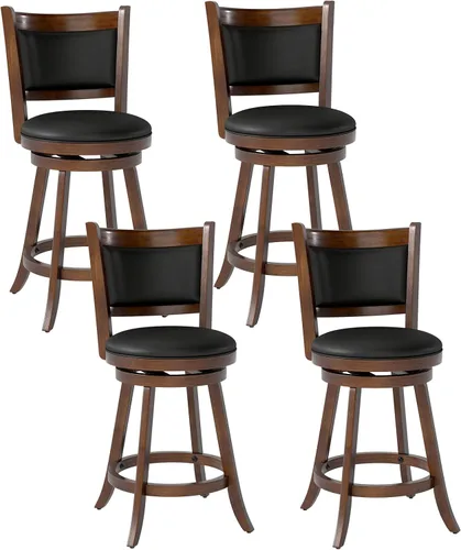 Miniatura 11 de COSTWAY Juego de 2 taburetes de bar, giratorios de 360 grados, taburete giratorio de madera con acento de altura, diseño tapizado de cuero, asiento