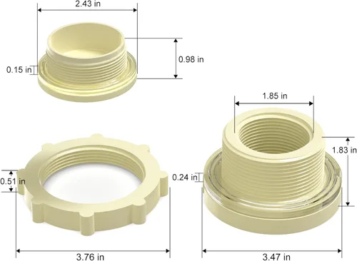 Miniatura 3 de TAISHER 2 piezas Adaptador Conector de Tanque de Mamparo de 1-1/2" en ABS blanco con tapones y junta para tanque de agua, barriles de lluvia