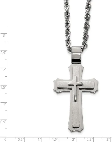 Miniatura 3 de Collar con colgante de cruz de acero inoxidable cepillado y triple capa, 24.0in
