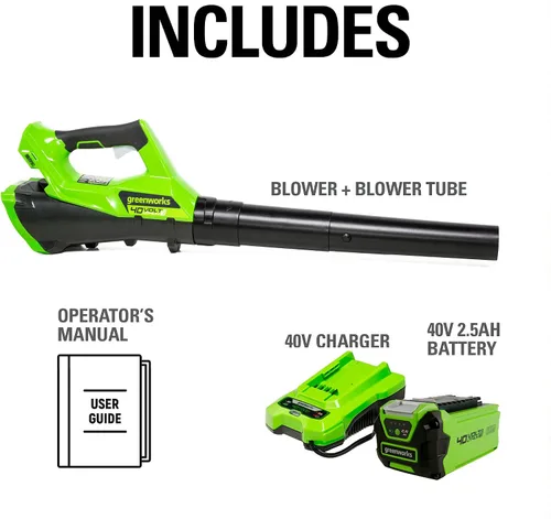 Miniatura 10 de Greenworks Soplador axial inalámbrico de 40 V (110 MPH / 390 CFM), batería de 2.5 Ah y cargador incluidos