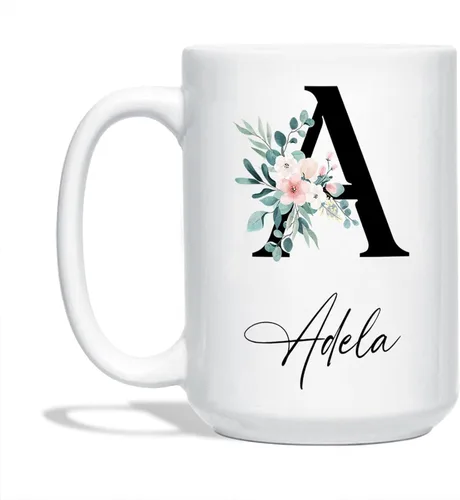Tazas de café blancas personalizadas con nombre, taza con nombre personalizado con inicial, taza de cerámica floral personalizada, regalo para