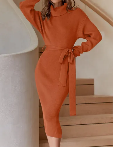 Miniatura 59 de ZESICA - Vestido por debajo de la rodilla de suéter, de cuello alto, para mujer, de manga larga, de punto acanalado, con abertura y cinturón