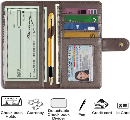 Miniatura 4 de Cubierta de cuero de la PU para registrar cheques duplicados, soporte de chequera de bloqueo RFID, Marrón oscuro, Estilo Billetera