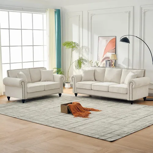 Juego de sofá moderno y sofá biplaza Chesterfield de chenilla de lujo, cómodo sofá tapizado con asiento profundo con reposabrazos enrollados y Beige