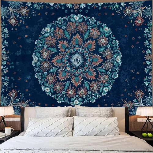 Miniatura 25 de Fowocu Tapiz bohemio con mandala floral para colgar en la pared, medallón de flores bohemias, tapiz estético, beige, naranja, hippie, indio, pequeño