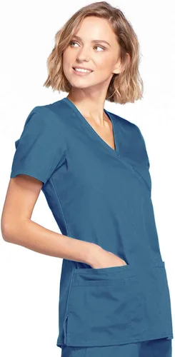 Miniatura 5 de Mujer Mock Wrap Top Workwear Originals con paneles traseros de punto acanalado WW650