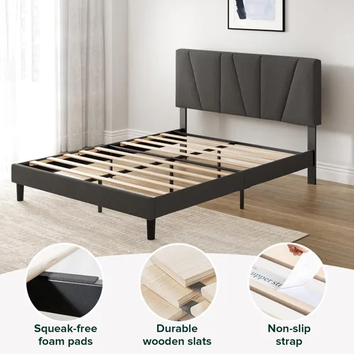 Miniatura 5 de Zinus Queen Maya - Marco de cama tapizado con cabecera asimétrica, listones de madera duraderos, estructura resistente, sueño sin ruido, no necesita
