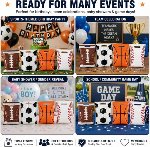 Miniatura 6 de Funrous 24 Pcs Football Sports Party Favor Bags Soccer Candy Gift Plastic Goodie Treat Bags Bulk with Handles for Baseball Basketball Theme Event