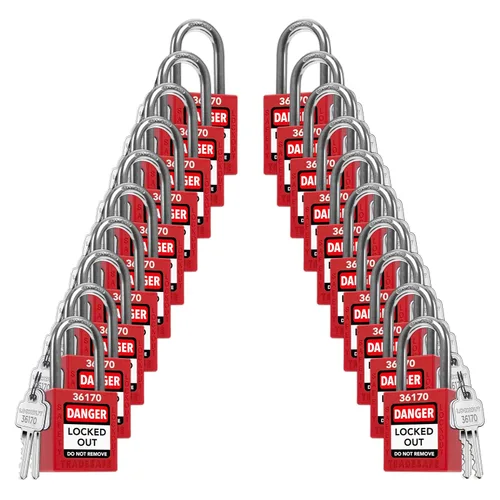Miniatura 16 de TRADESAFE Juego de cerraduras de bloqueo - 7 candados iguales con llave roja, 2 llaves por cerradura, cerraduras Loto compatibles con OSHA