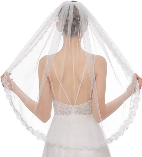 Velo de novia de una sola capa, borde de encaje, velo de novia beige con peine de metal para boda, despedida de soltera, fiesta, 35.4 pulgadas