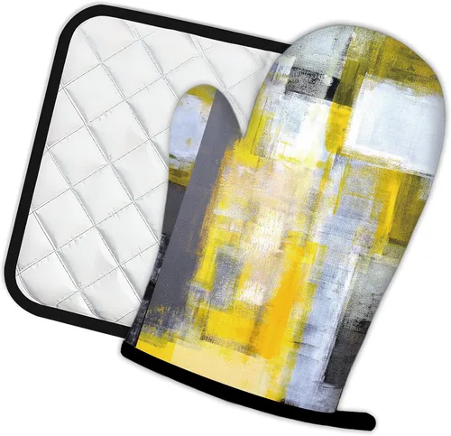 Miniatura 2 de Guantes de cocina de pintura abstracta gris y amarillo, guantes de cocina para cocina, juego de 2 piezas, almohadilla resistente al calor