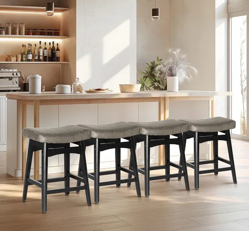 Miniatura 16 de Taburete de bar gris de madera maciza para encimera de cocina, taburete de bar con asiento de cuero sintético, taburete tapizado para isla de 34 a