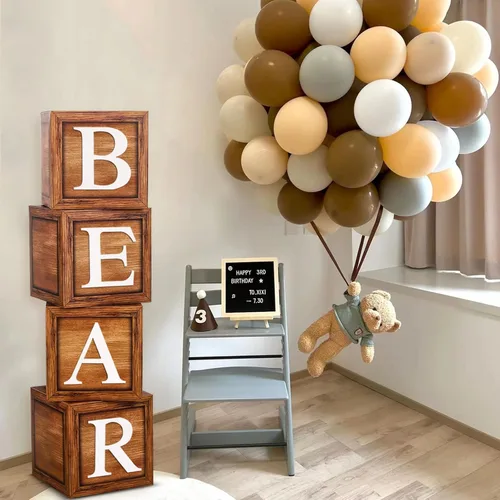 Miniatura 8 de Cajas de globos marrones para bebé con 27 letras - 4 piezas de bloques para baby shower con veta de madera y letras A-Z+B decoración de bosque y oso