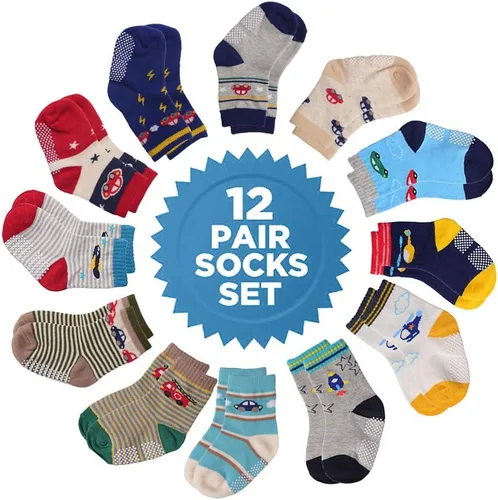 Miniatura 28 de Tphon Calcetines para niños pequeños con empuñaduras, 12 pares de calcetines antideslizantes de algodón para niños y niñas de 1 a 7 años