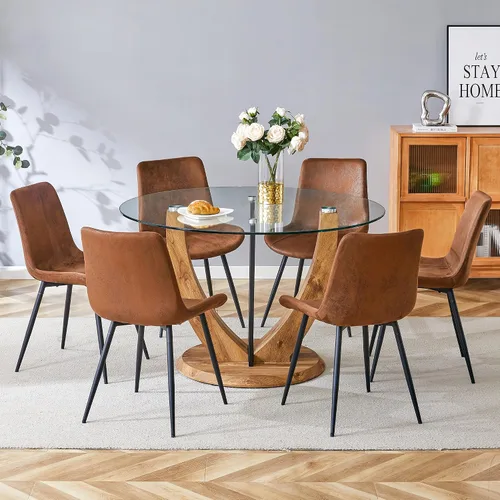 Miniatura 13 de Juego de mesa de comedor redonda de 48'' para 4, juego de mesa y sillas de cocina de mármol, conjunto de 4, mesa redonda con pata de MDF negro