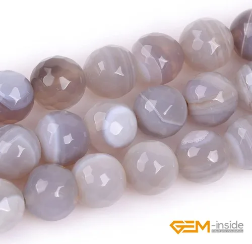 Miniatura 4 de GEM-Inside - Cuentas sueltas de ágata gris con banda para hacer joyas, redondas de 0.394 in, facetadas de 15 pulgadas