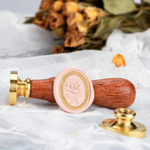 Miniatura 5 de Sello de cera - Flor de rosa en relieve, cabeza ovalada de latón con mango de madera
