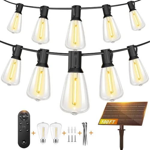 BLIATLUS Guirnalda de luces solares superbrillantes de 100 pies para exteriores, impermeable, con control remoto, 30+2 bombillas LED ST38