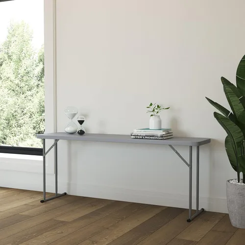 Miniatura 6 de EMMA + OLIVER Mesa plegable rectangular de plástico blanco de 6 pies con patas de bloqueo para entrenamiento o seminarios Granito blanco