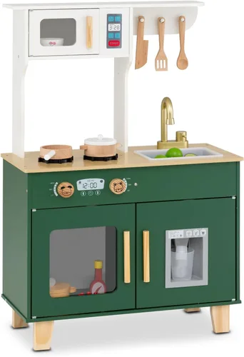 Miniatura 2 de HONEY JOY Play Kitchen, juego de cocina retro de juguete de madera con estufa, fregadero, grifo, microondas, máquina de hielo, utensilios de cocina