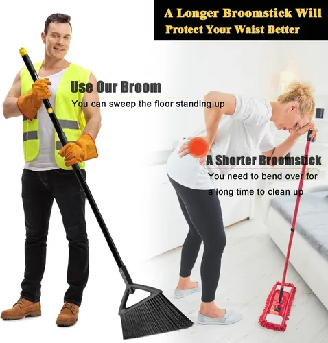 Miniatura 7 de Escoba comercial resistente, paquete de 3 escobas angulares mejoradas para barrer al aire libre e interior, escobas negras perfectas de la casa, 3 x